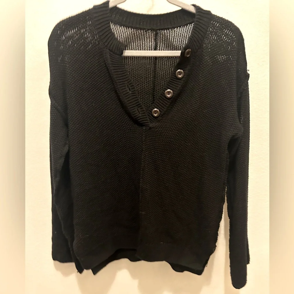 NEW Cable Knit Long Sleeve Button V Neck Pullover Henley Sweater Top Black - Picture 5 of 9